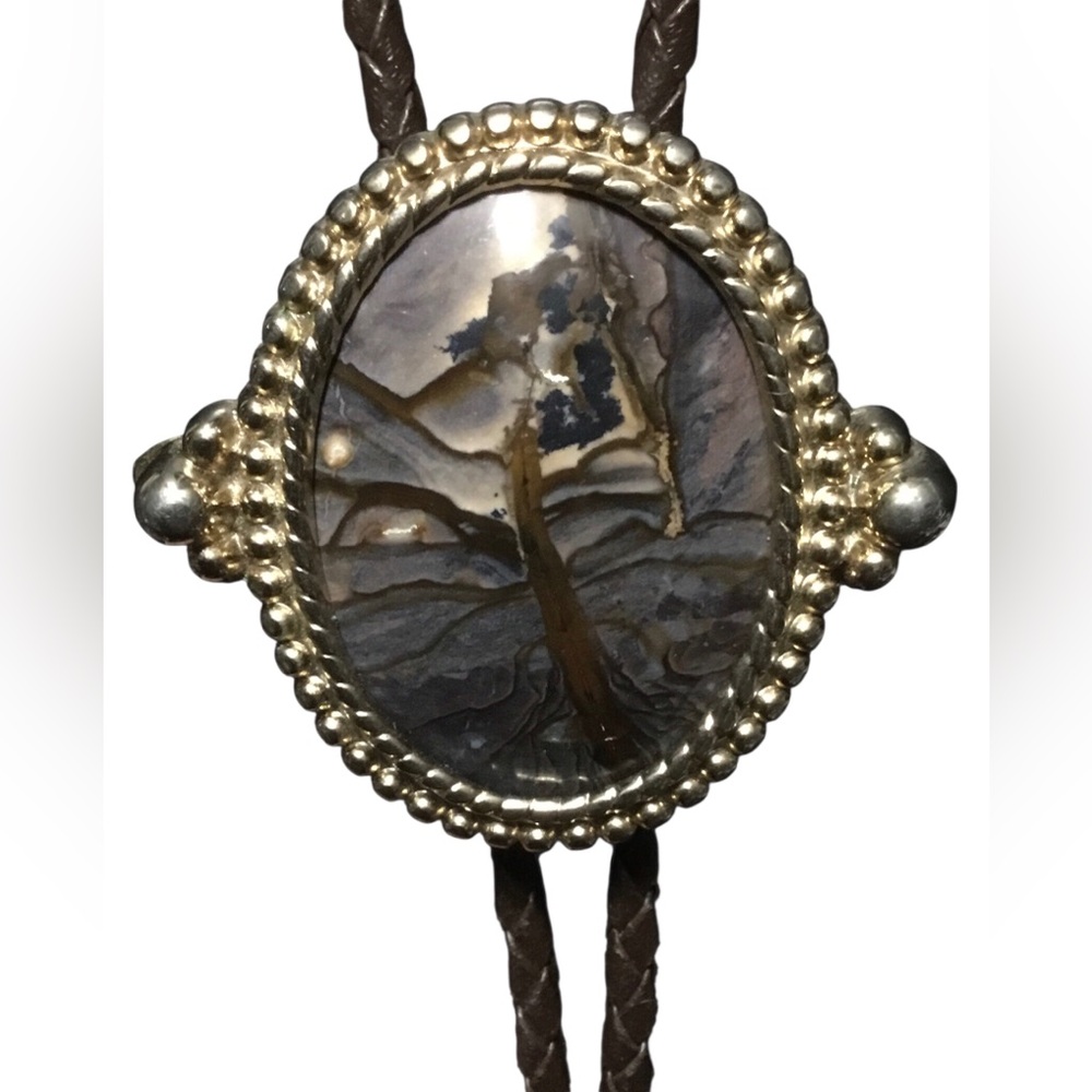 Rare Blue Biggs Picture Jasper Cabochon Stone and Leather Bolo Tie
